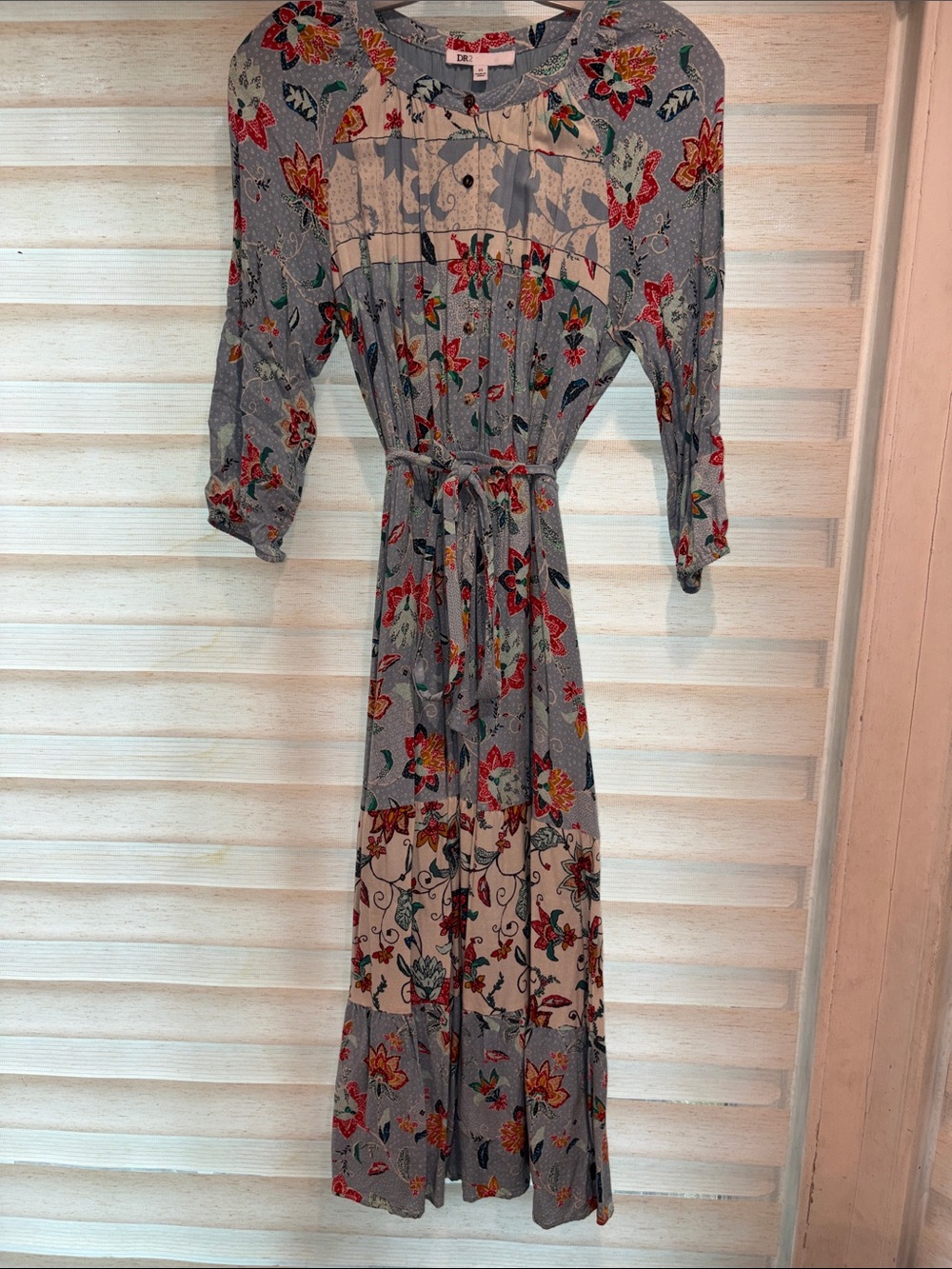 Floral Tiered Midi Dress - Light blue with Red & Green Floral